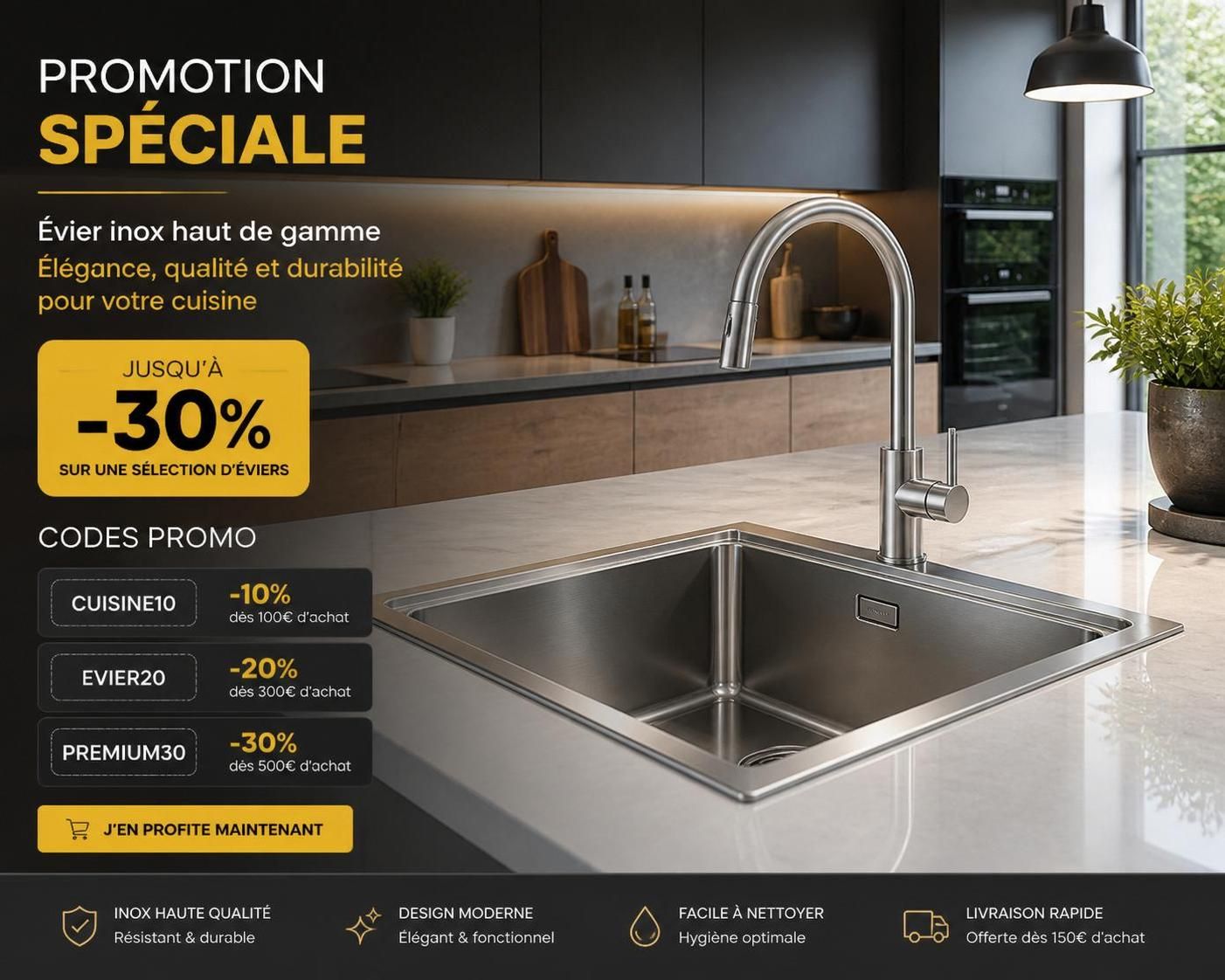 découvrez où trouver les meilleurs codes promo pour évier et profitez des offres exclusives du moment afin d'équiper votre cuisine à petit prix.